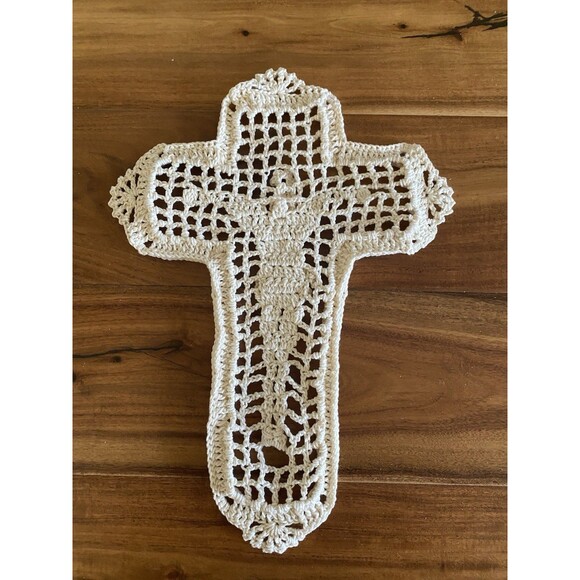 Rare Handmade Crocheted 3D The Cross Doily Filet 100% Cotton Ecru - Picture 3 of 5